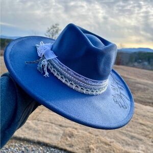 Blue Wide-Brim Hat with Lace Trim
